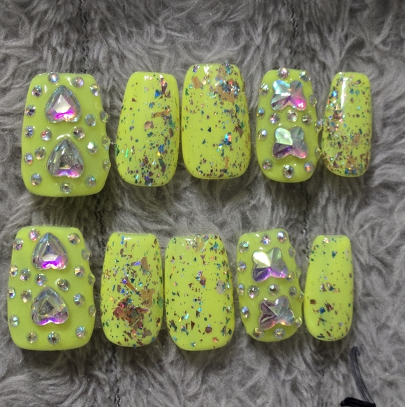 Handmade Other - Neon Yellow Glitter Rhinestone Press-On Nails